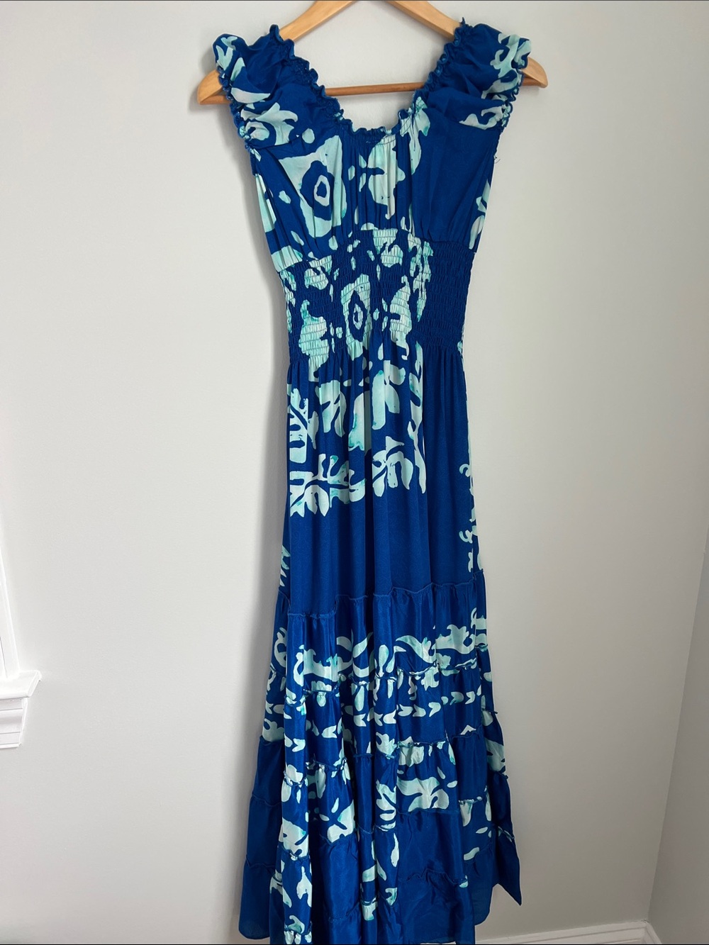 Nauria | Silk Blue Aqua Tropical Floral Ruffle Womenâs Maxi Dress NWT One Size - Picture 13 of 17
